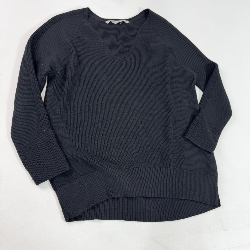 Athleta Sweater Womens Medium Black‎ Merino Wool Blend V Neck Pullover Knit Top